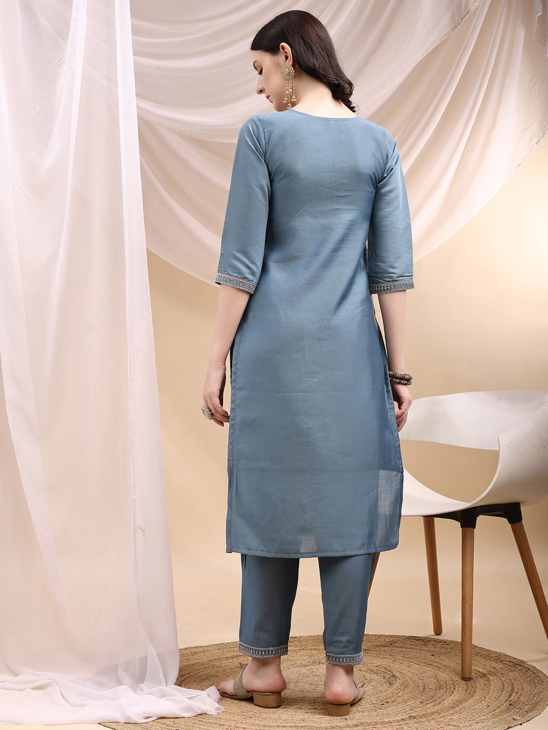 Sequined Embroidered Kurta With Pant & Printed Dupatta, Turquoise - Hiral Fashion | Grocsy