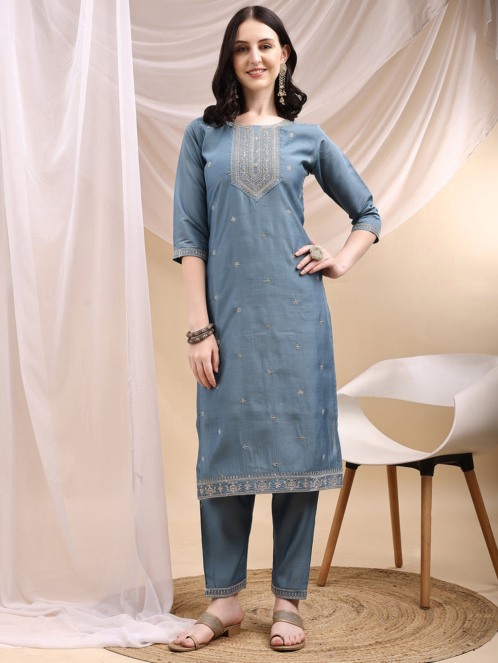 Sequined Embroidered Kurta With Pant & Printed Dupatta, Turquoise - Hiral Fashion | Grocsy