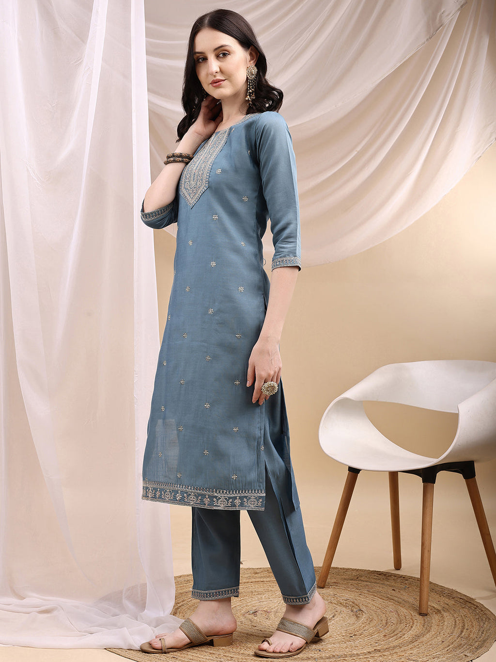 Sequined Embroidered Kurta With Pant & Printed Dupatta, Turquoise - Hiral Fashion | Grocsy
