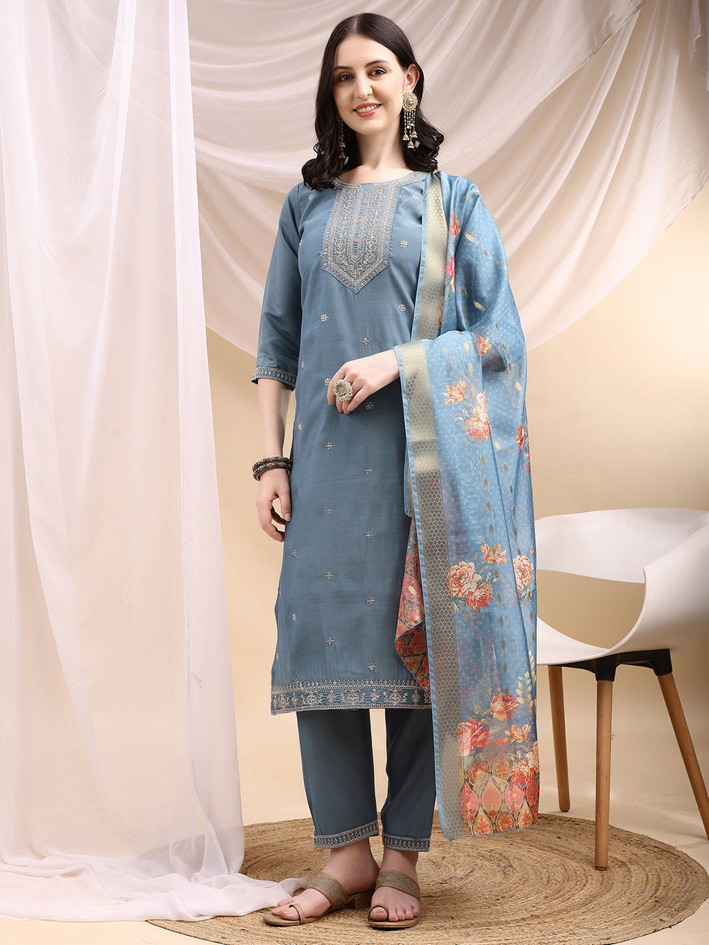 Sequined Embroidered Kurta With Pant & Printed Dupatta, Turquoise - Hiral Fashion | Grocsy