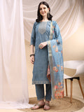 Sequined Embroidered Kurta With Pant & Printed Dupatta, Turquoise - Hiral Fashion | Grocsy