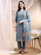 Sequined Embroidered Kurta With Pant & Printed Dupatta, Turquoise - Hiral Fashion | Grocsy