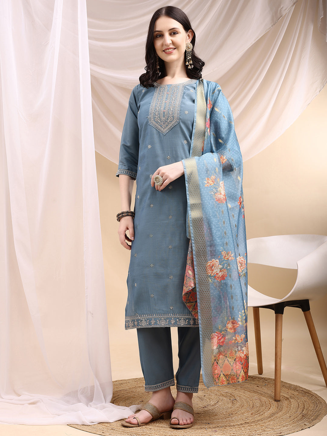 Sequined Embroidered Kurta With Pant & Printed Dupatta, Turquoise - Hiral Fashion | Grocsy