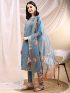 Sequined Embroidered Kurta With Pant & Printed Dupatta, Turquoise - Hiral Fashion | Grocsy