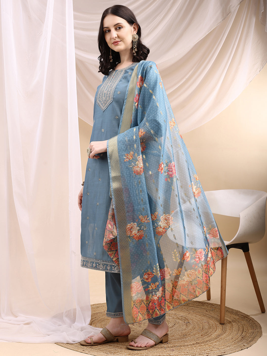 Sequined Embroidered Kurta With Pant & Printed Dupatta, Turquoise - Hiral Fashion | Grocsy