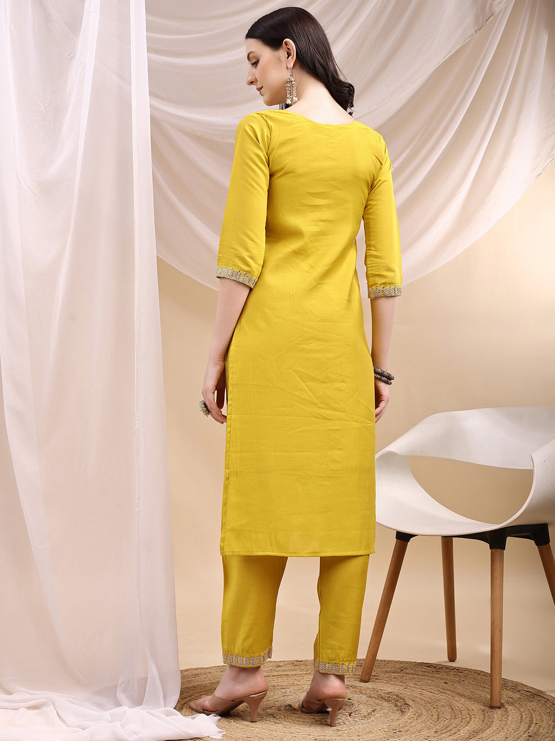 Sequined Embroidered Kurta With Pant & Printed Dupatta, Yellow - Hiral Fashion | Grocsy