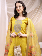 Sequined Embroidered Kurta With Pant & Printed Dupatta, Yellow - Hiral Fashion | Grocsy