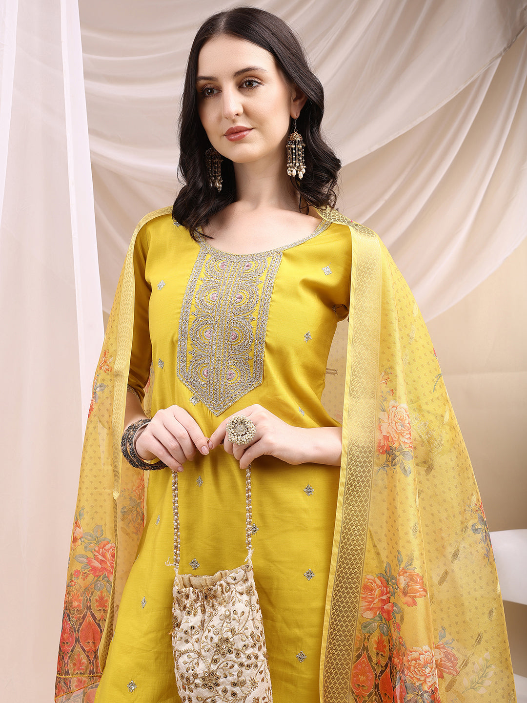 Sequined Embroidered Kurta With Pant & Printed Dupatta, Yellow - Hiral Fashion | Grocsy