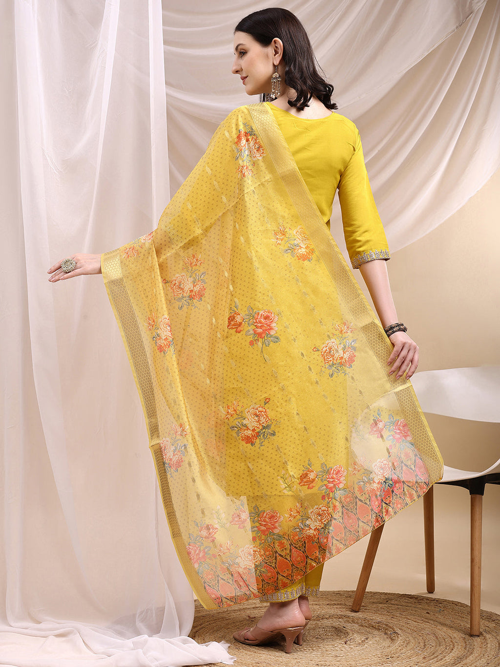 Sequined Embroidered Kurta With Pant & Printed Dupatta, Yellow - Hiral Fashion | Grocsy