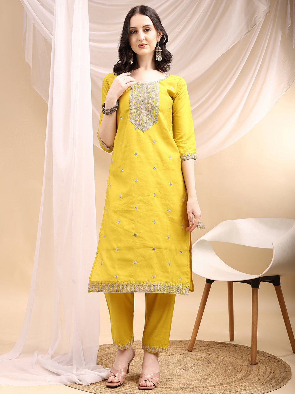 Sequined Embroidered Kurta With Pant & Printed Dupatta, Yellow - Hiral Fashion | Grocsy