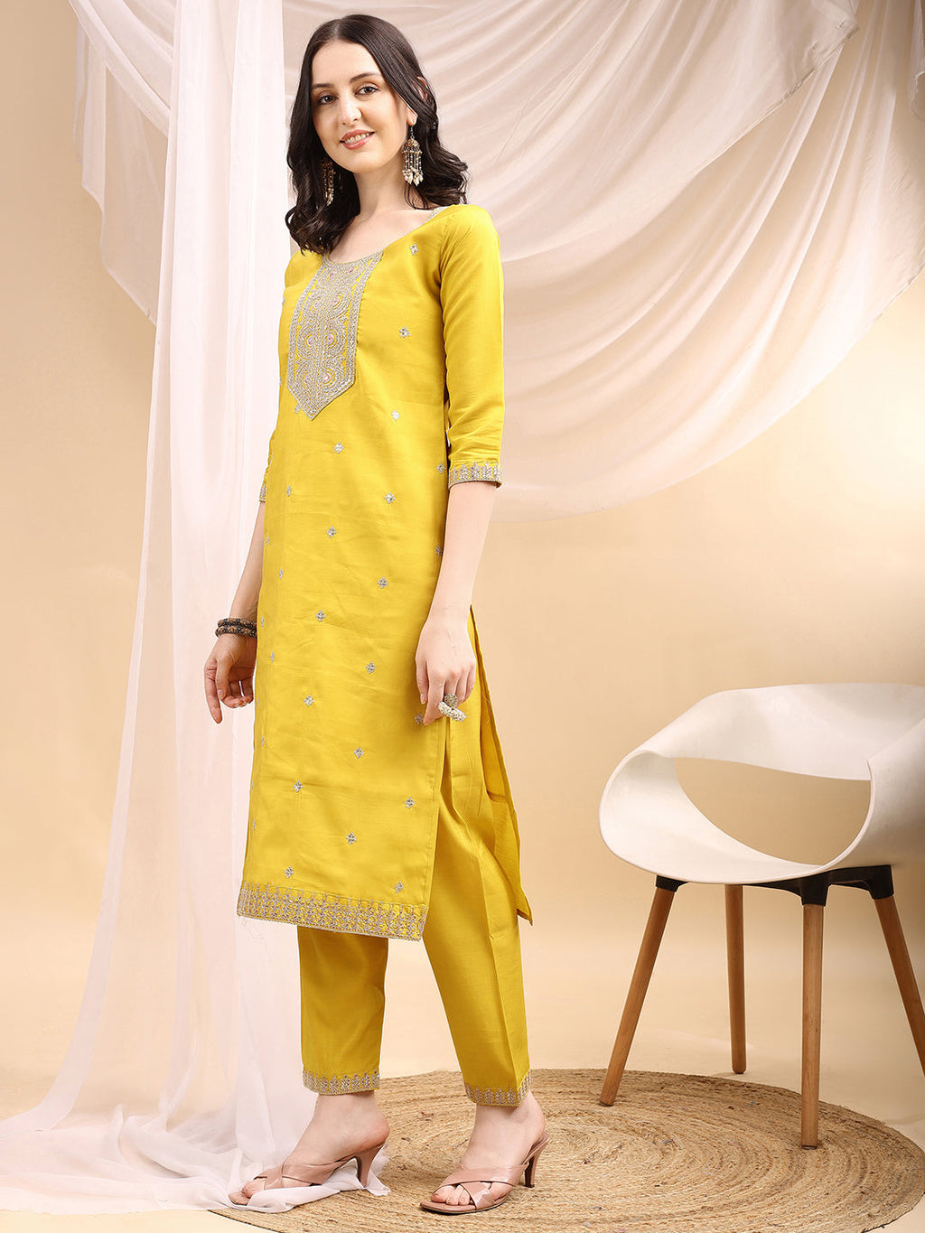 Sequined Embroidered Kurta With Pant & Printed Dupatta, Yellow - Hiral Fashion | Grocsy