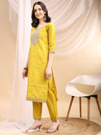 Sequined Embroidered Kurta With Pant & Printed Dupatta, Yellow - Hiral Fashion | Grocsy