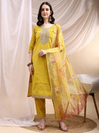 Sequined Embroidered Kurta With Pant & Printed Dupatta, Yellow - Hiral Fashion | Grocsy