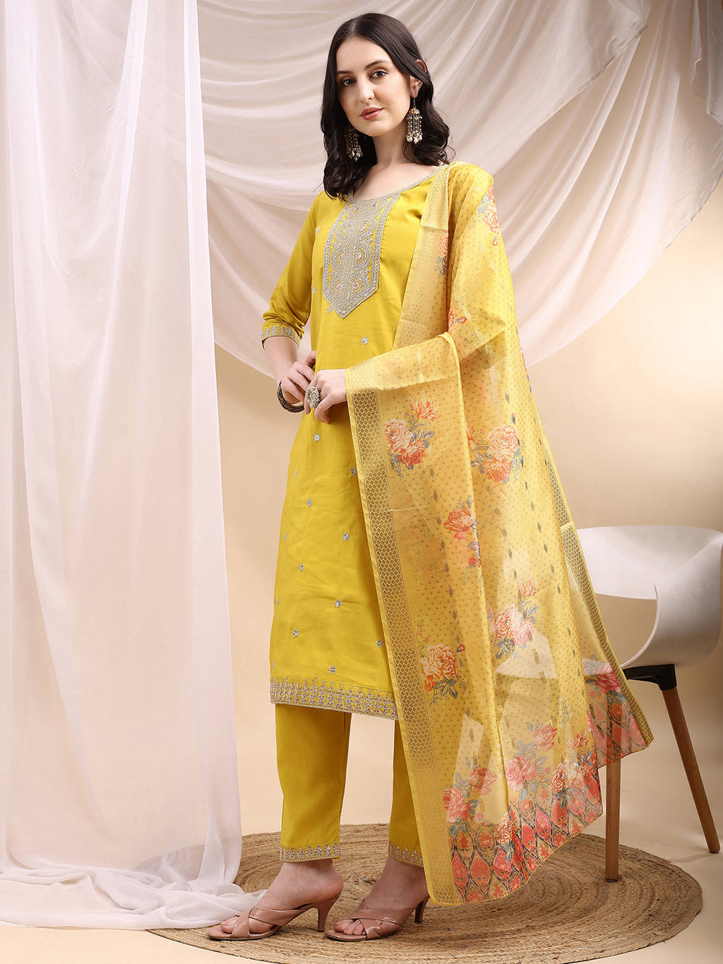 Sequined Embroidered Kurta With Pant & Printed Dupatta, Yellow - Hiral Fashion | Grocsy