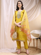 Sequined Embroidered Kurta With Pant & Printed Dupatta, Yellow - Hiral Fashion | Grocsy