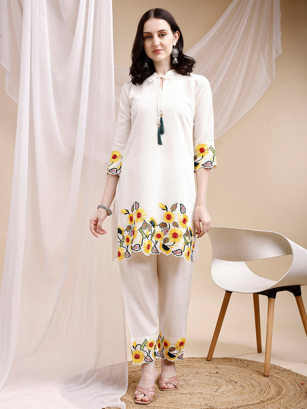 Two-Piece Embroidered Ethnic Co-Ord Set, White - Hiral Fashion | Grocsy