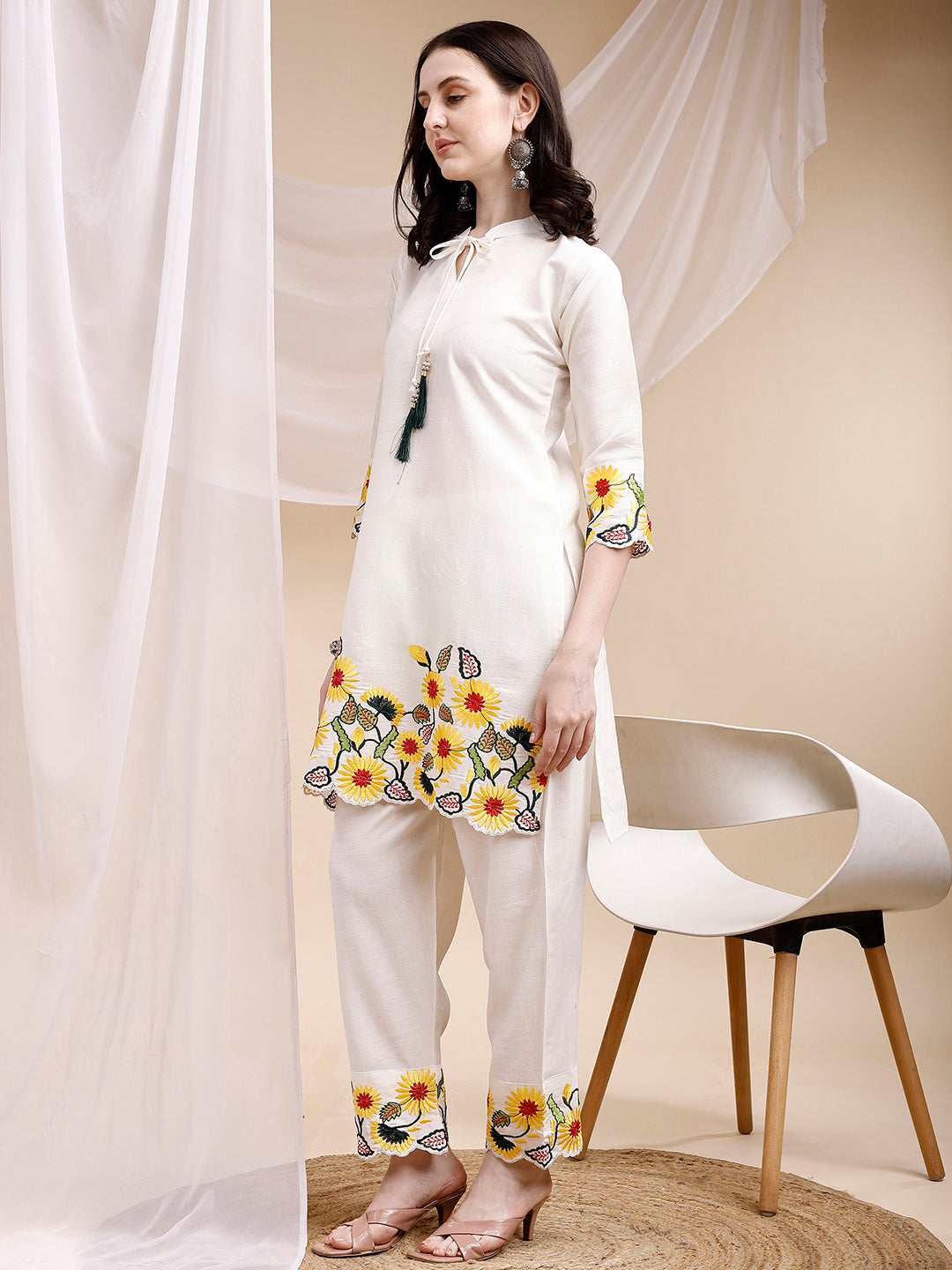 Two-Piece Embroidered Ethnic Co-Ord Set, White - Hiral Fashion | Grocsy