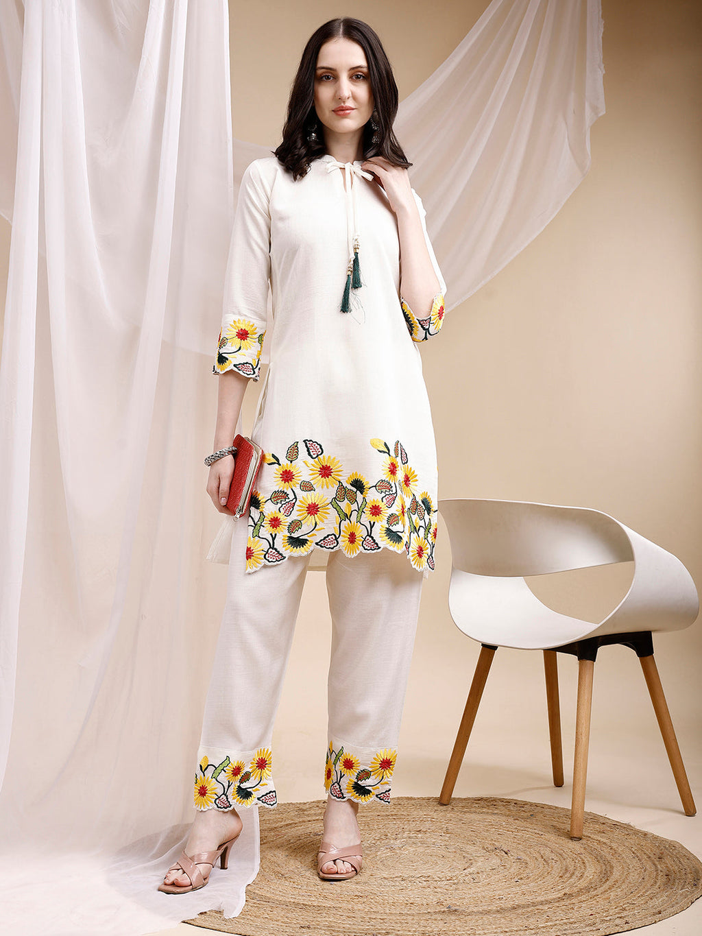 Two-Piece Embroidered Ethnic Co-Ord Set, White - Hiral Fashion | Grocsy