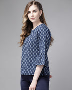 Indo Era Blue Floral Printed Straight Kurti | Grocsy