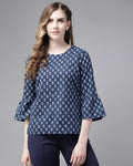 Indo Era Blue Floral Printed Straight Kurti | Grocsy