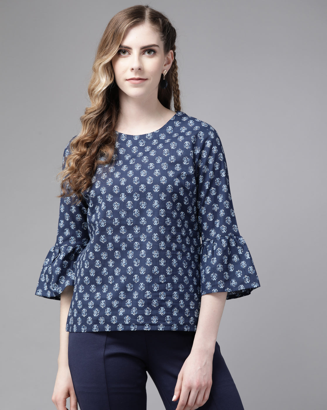 Indo Era Blue Floral Printed Straight Kurti | Grocsy