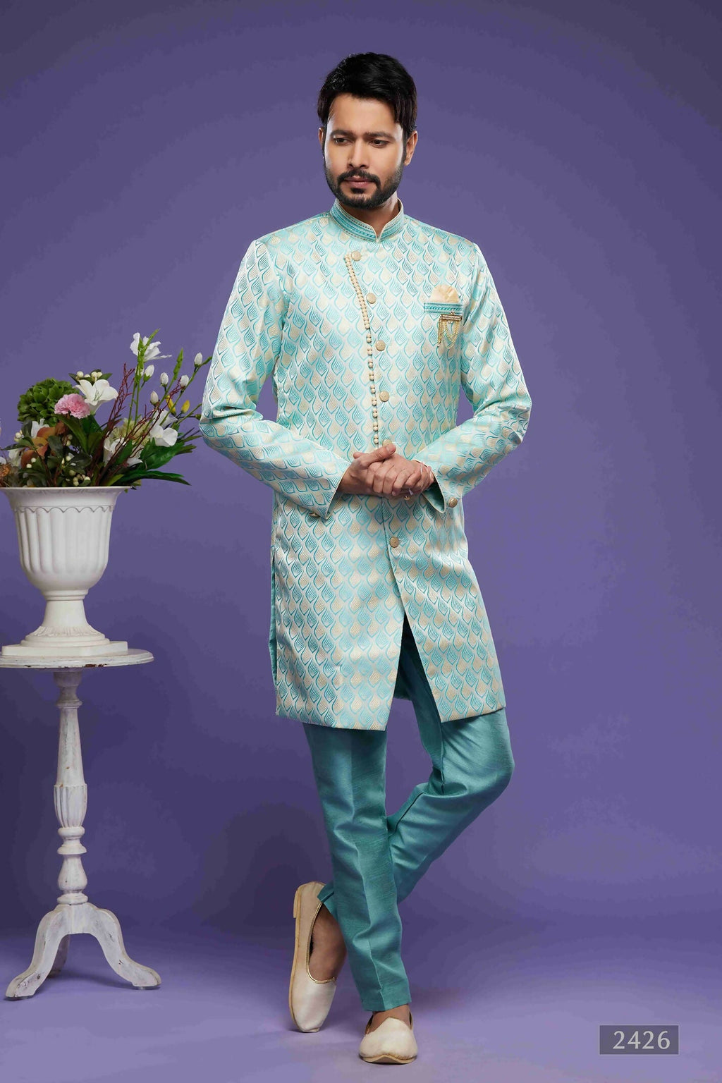 Raivat Ethnic Banarasi Jacquard Embroidery Semi Indo Western Sherwani In Sky Blue Colour | Grocsy