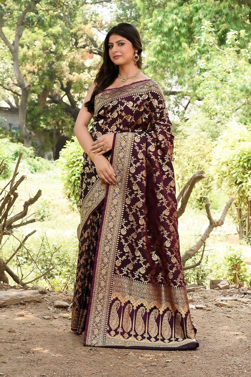 Joban Fashion Plum Purple Banarasi Soft Pure Handloom Banarasi Silk Saree | Grocsy