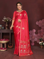 Joban Fashion Reddish-Pink Floral Motifs Banarasi Silk Sarees | Grocsy
