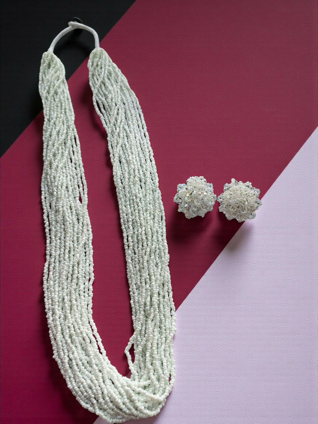 Inhanns Rangsaaz 20-Layer Luxe Long Beaded Necklace (With Optional Statement Earrings) - White With Earring Long | Grocsy