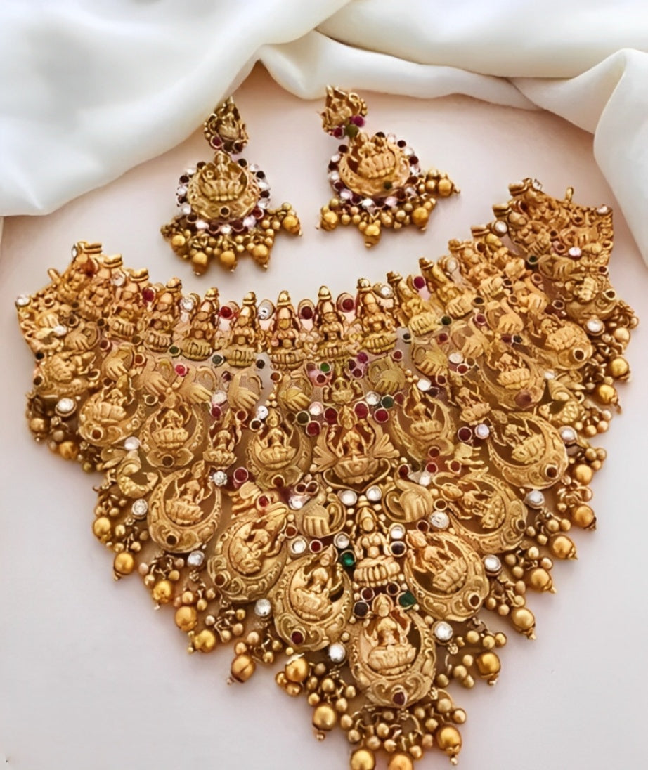 Jewel City Traditional Temple Jewelry Set Gold-Plated Lakshmi Choker Necklace & Jhumka Earrings Bridal South Indian Antique Set | Grocsy