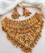 Jewel City Traditional Temple Jewelry Set Gold-Plated Lakshmi Choker Necklace & Jhumka Earrings Bridal South Indian Antique Set | Grocsy