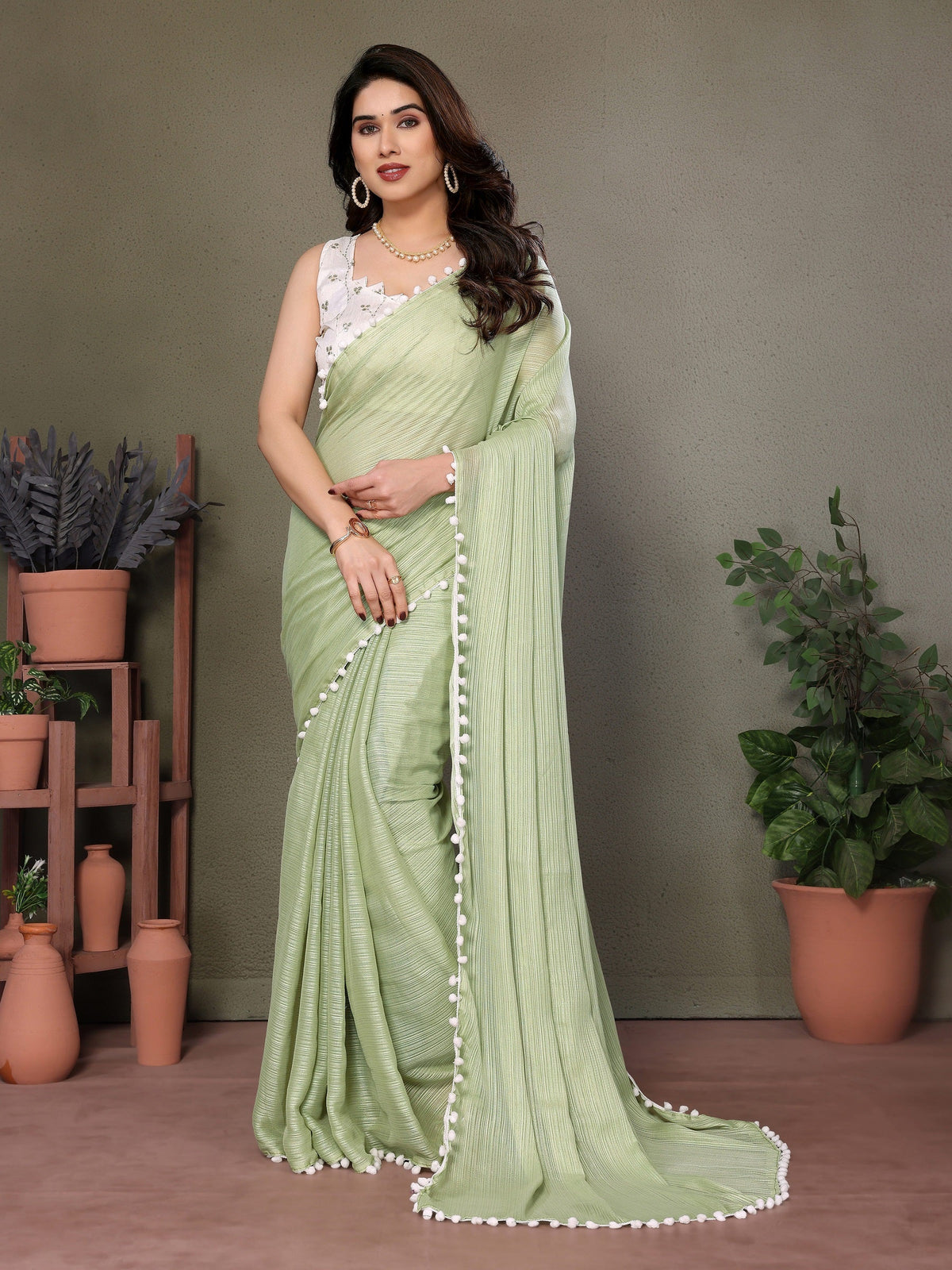 Vedant Vastram Poly Silk Embroidery Work Fancy Saree - Pista | Grocsy