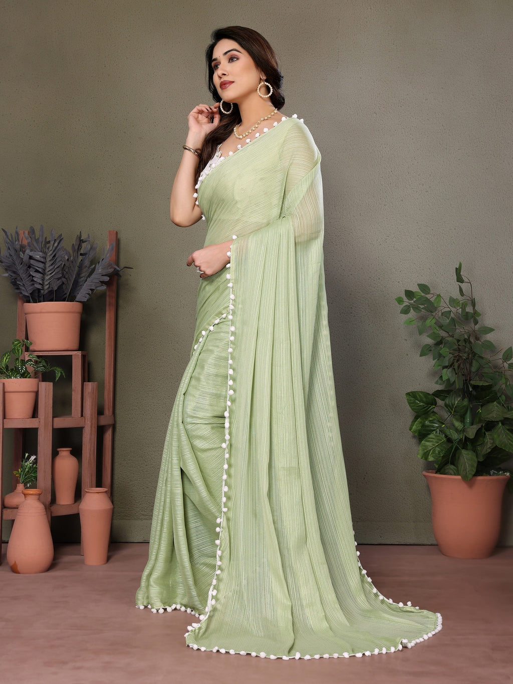 Vedant Vastram Poly Silk Embroidery Work Fancy Saree - Pista | Grocsy