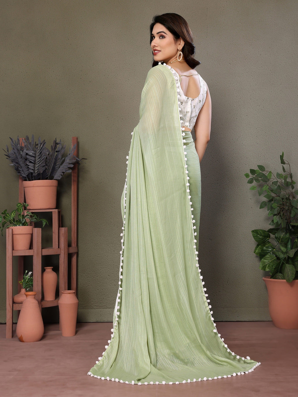 Vedant Vastram Poly Silk Embroidery Work Fancy Saree - Pista | Grocsy