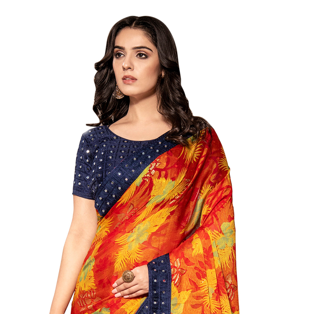 Vamika Multi Color Designer Chiffon Brasso Saree With Mirror Work Lace | Grocsy