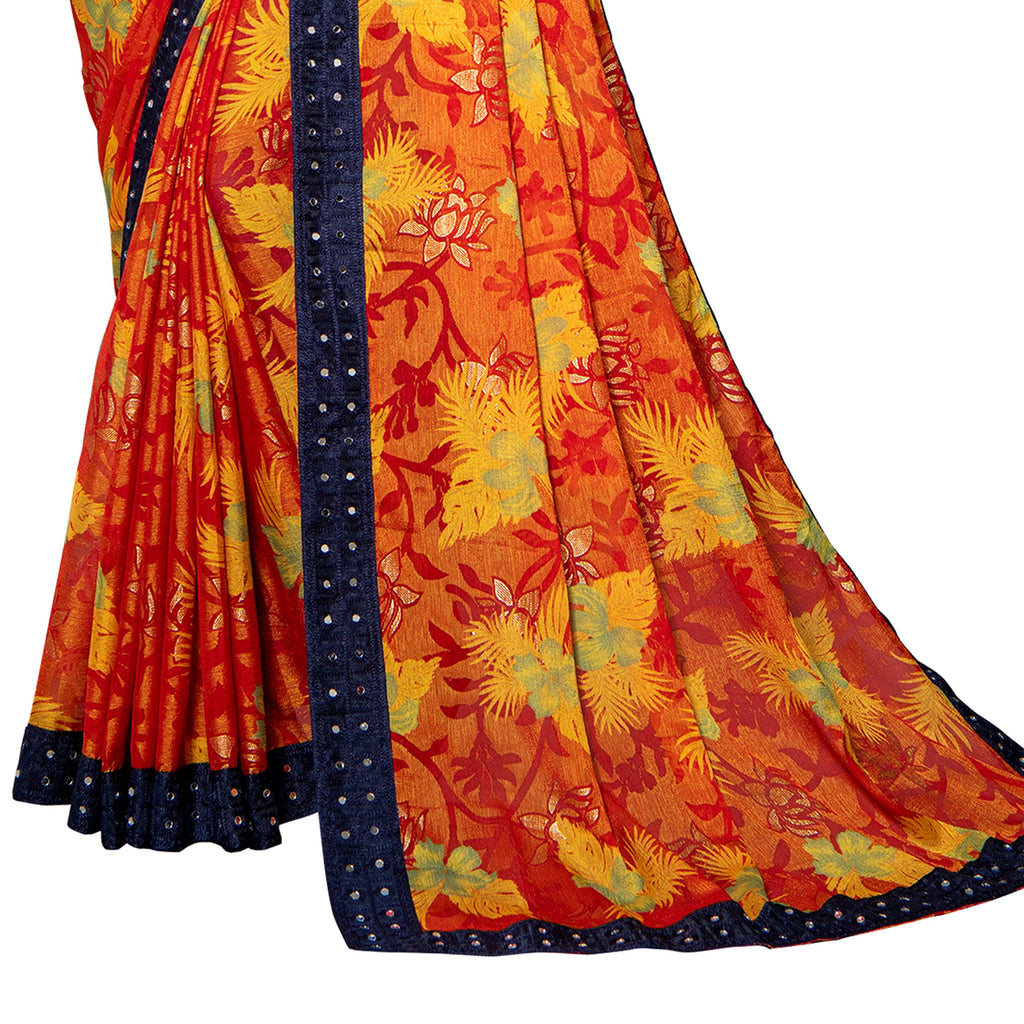 Vamika Multi Color Designer Chiffon Brasso Saree With Mirror Work Lace | Grocsy