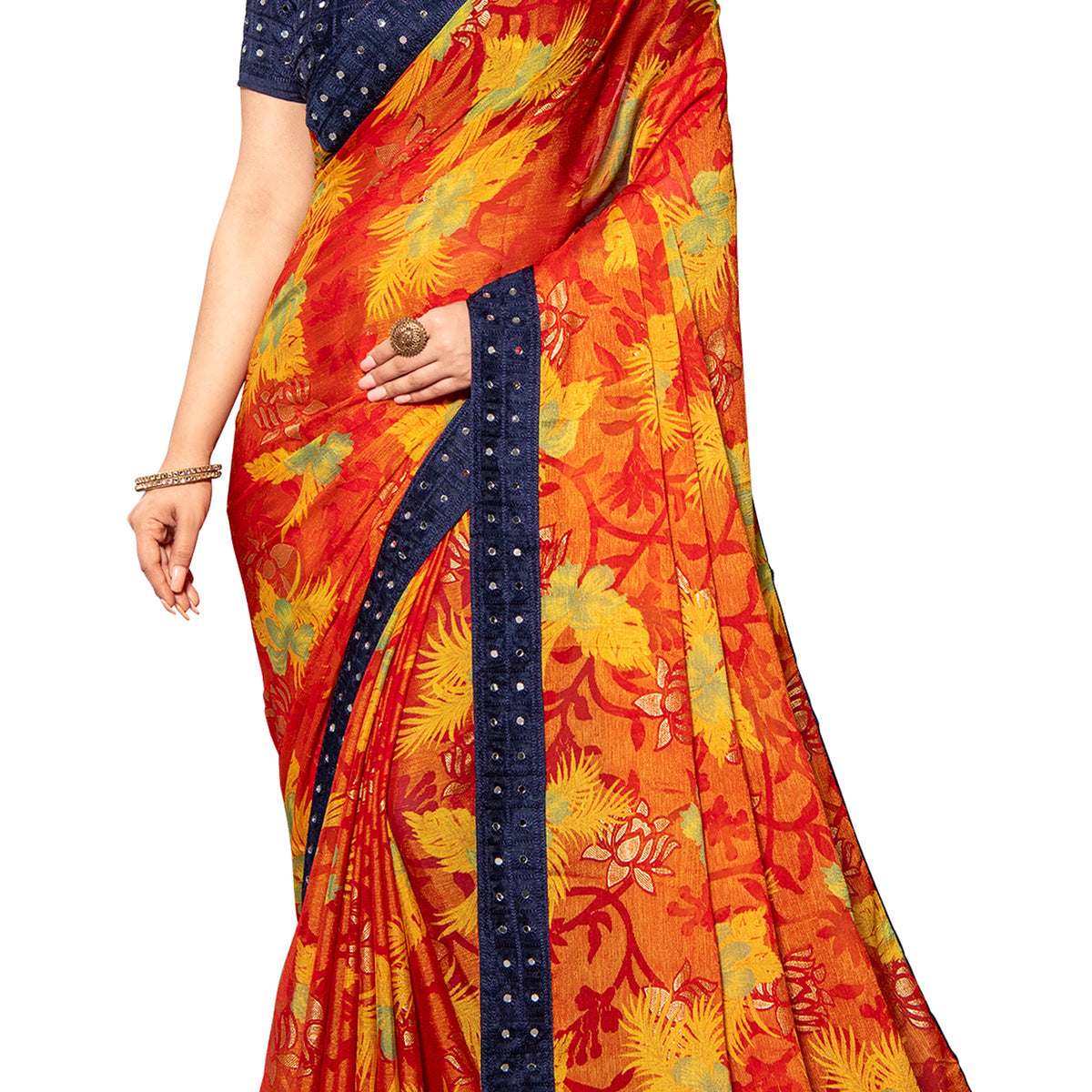 Vamika Multi Color Designer Chiffon Brasso Saree With Mirror Work Lace | Grocsy