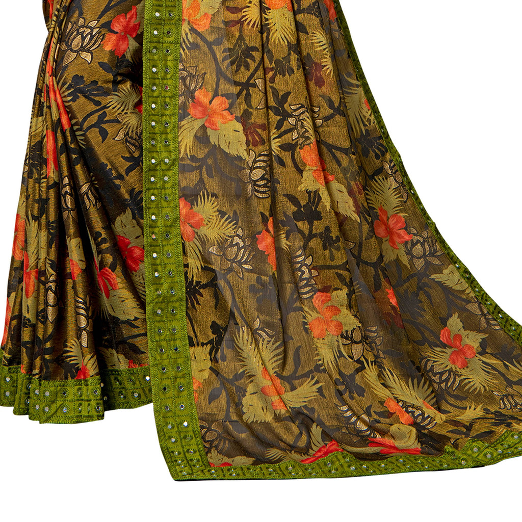 Vamika Multi Color Designer Chiffon Brasso Saree With Mirror Work Lace | Grocsy