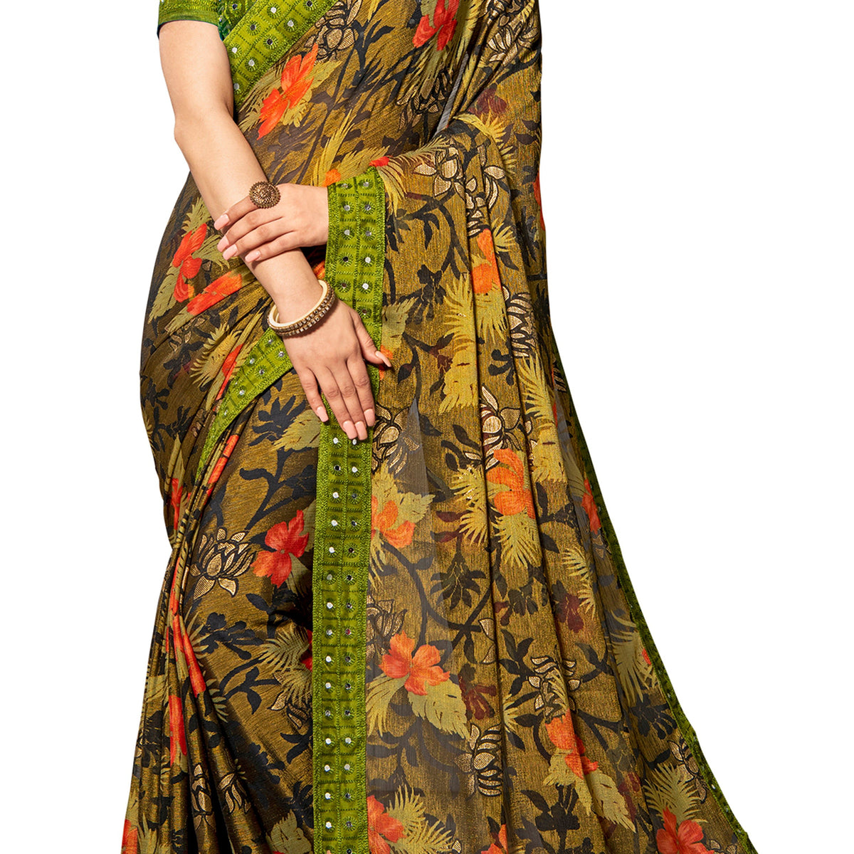 Vamika Multi Color Designer Chiffon Brasso Saree With Mirror Work Lace | Grocsy