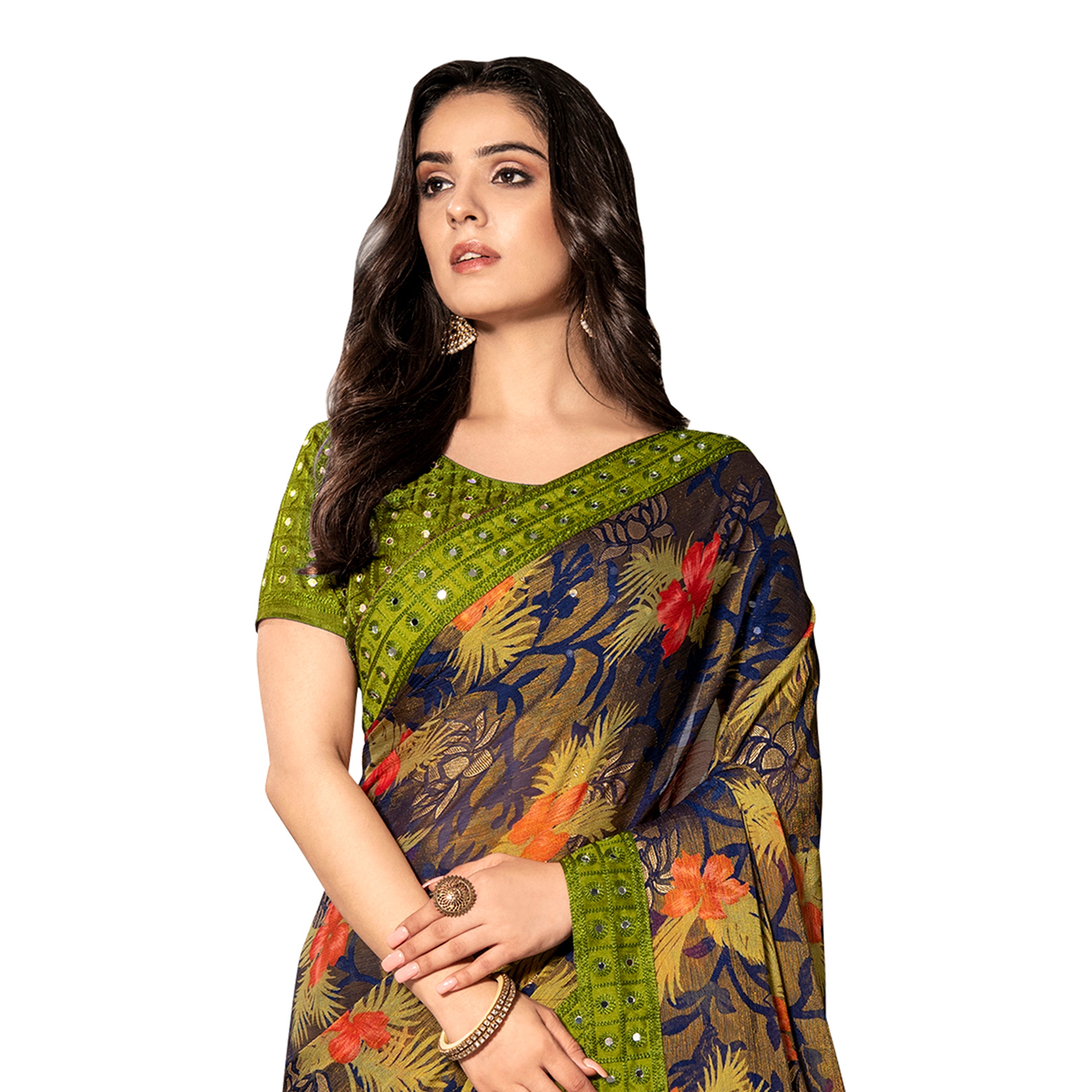 Vamika Multi Color Designer Chiffon Brasso Saree With Mirror Work Lace | Grocsy