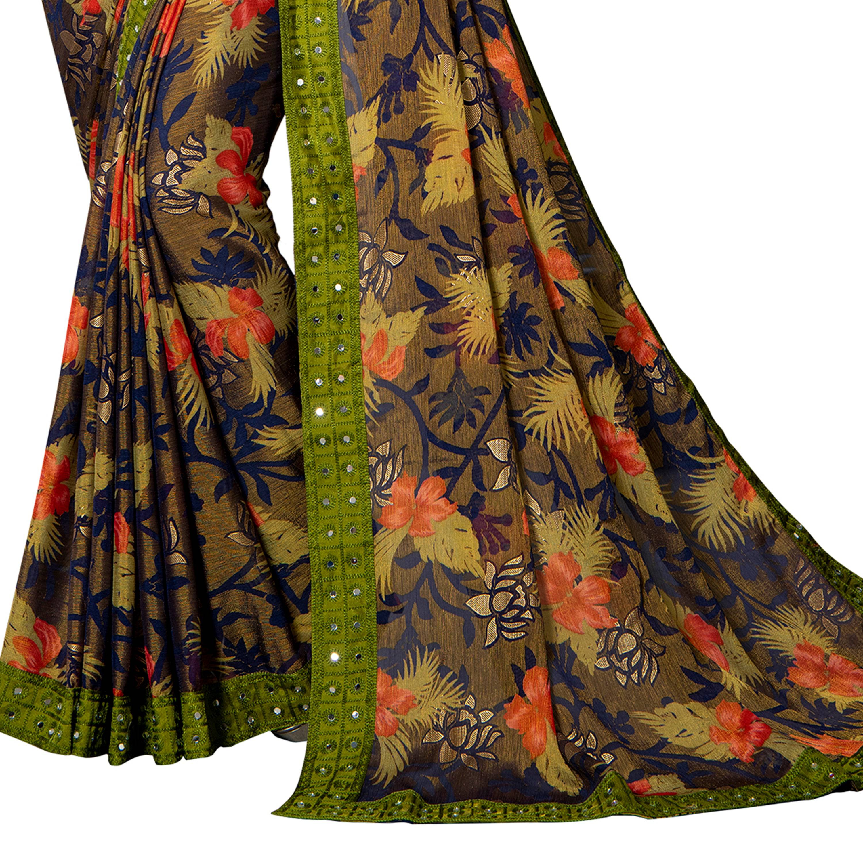 Vamika Multi Color Designer Chiffon Brasso Saree With Mirror Work Lace | Grocsy