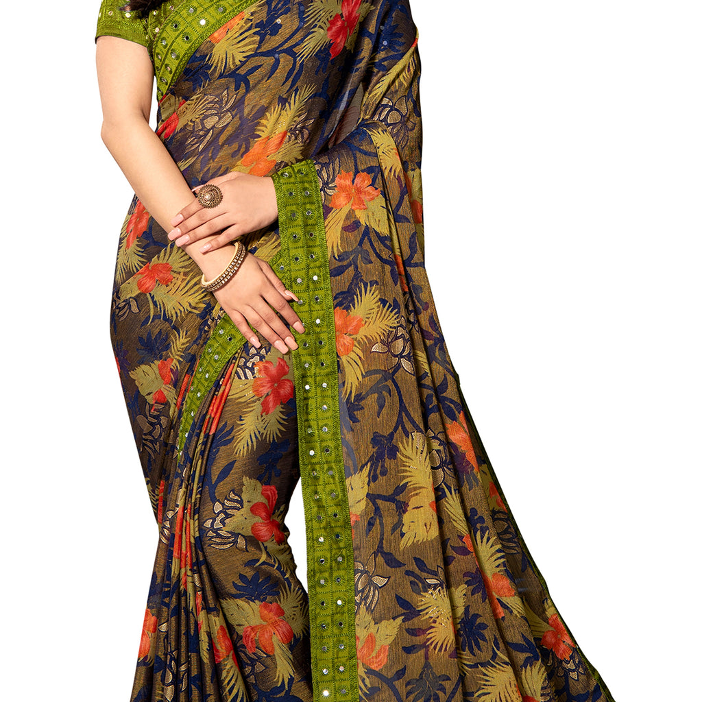 Vamika Multi Color Designer Chiffon Brasso Saree With Mirror Work Lace | Grocsy