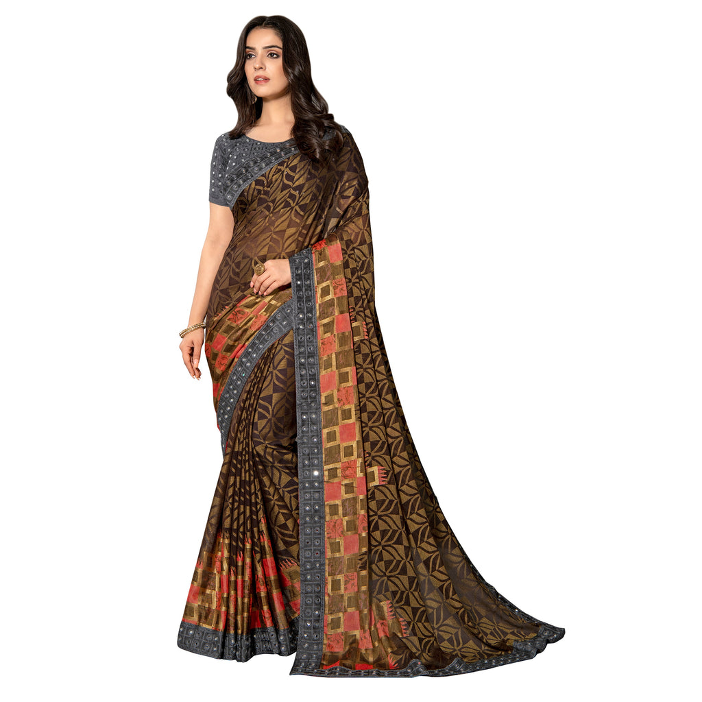 Vamika Brown Designer Chiffon Brasso Saree With Mirror Work Lace | Grocsy