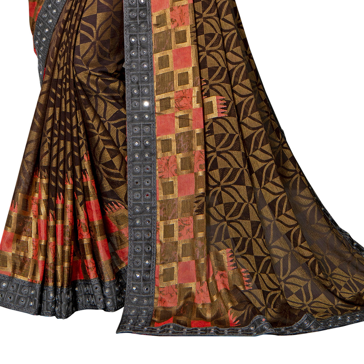 Vamika Brown Designer Chiffon Brasso Saree With Mirror Work Lace | Grocsy