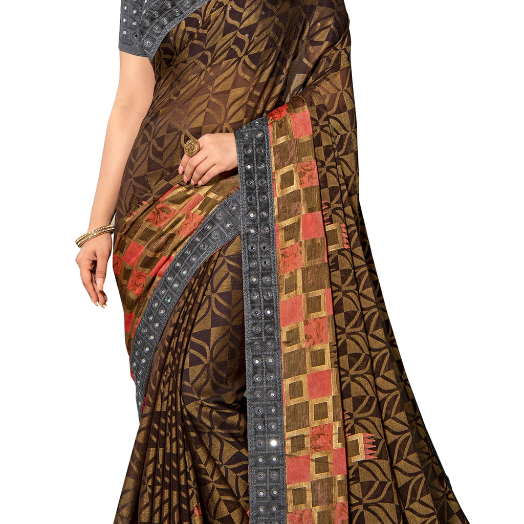 Vamika Brown Designer Chiffon Brasso Saree With Mirror Work Lace | Grocsy