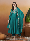 The52 Rama Women's Beautiful Vichitra Silk Fabric Embroidered Work Flared Anarkali Pant and Dupatta Set | Grocsy
