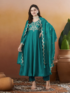 The52 Rama Women's Beautiful Vichitra Silk Fabric Embroidered Work Flared Anarkali Pant and Dupatta Set | Grocsy