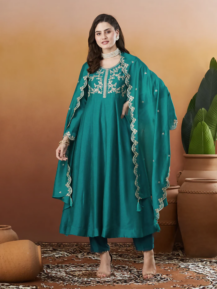 The52 Rama Women's Beautiful Vichitra Silk Fabric Embroidered Work Flared Anarkali Pant and Dupatta Set | Grocsy