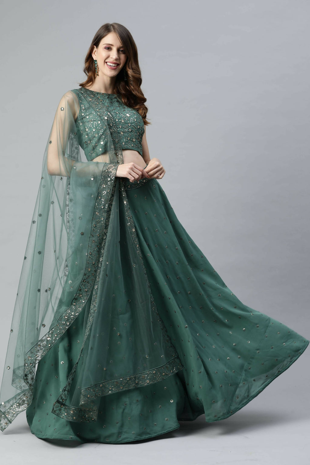 Pista Georgette Sequins Embroidery Work Lehenga Choli with Dupatta - Jivika | Grocsy