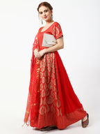 Cheera Women's Red Chanderi Silk & Rayon Hand Block Print Long Dress With Silk Dupatta Set | Grocsy